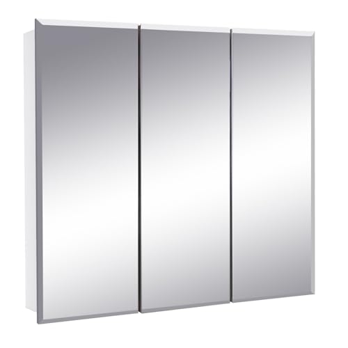 Image of Design House Cyprus Bathroom Medicine Cabinet with Mirror, 25 Inch Recessed or Surface Mount Cabinet, 3 Frameless Mirrored Doors, 2 Shelves, White, Pre-Assembled, 597484
