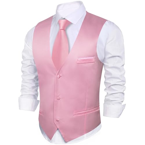 Barry.Wang Vest for Men Business/Leisure Dress Suit Vests V-neck 2 Pockets Wedding Party Tuxedo Satin Waistcoat