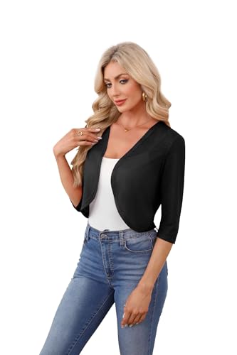 YGJIEGENG Bolero Damen Sommer Kurz 3/4 Ärmel Strickjacke Offene Vorne Bolerojacke Casual Elegant Leicht Schulterjacke Schwarz S