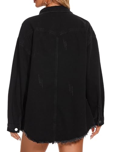 Women Oversized Button Up Denim Long Boyfriend Distresse Jean Jacket Frayed Hem Shacket4
