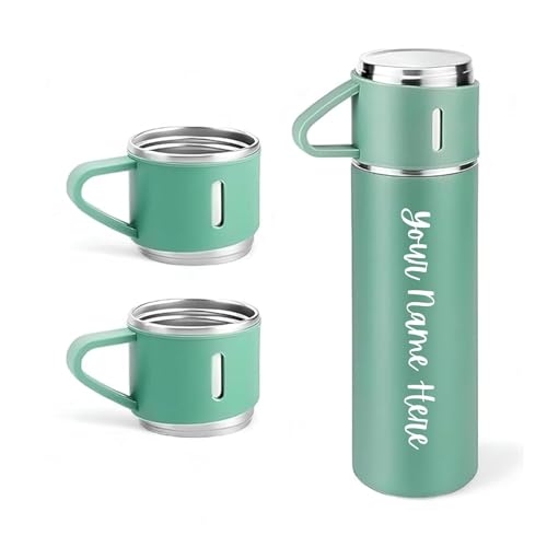 Image of Personalized Flask Set with 3 Cups | Premium Gift Set for Drinks | Stainless Steel Flask with Shot Glasses for Travel, Parties, and Gifting | Durable & Stylish (Customiz) (Green)