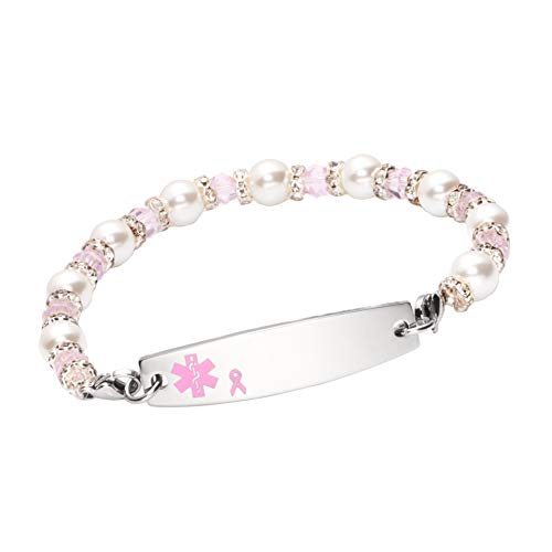 Medical ID Pink Ribbon Pearl/Pink Beaded Stainless Bracelet Lymphedema No BP IV (7, Right Arm)