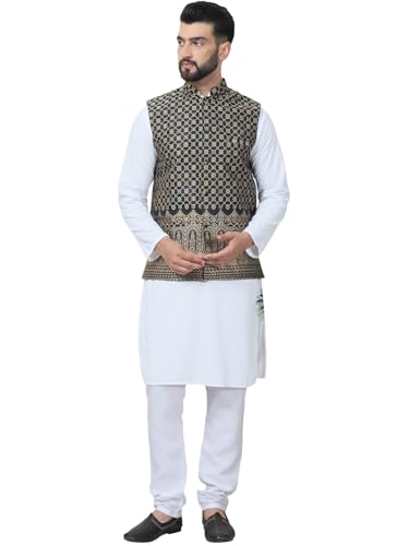 Image of SOJANYA (Since 1958 Men's Cotton Linen Maroon Kurta and White Pyjama with Mustard Cotton Nehru Jacket