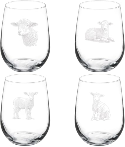 MIP Set of 4 Wine Glass Gift Lamb Sheep Collection (17 oz Stemless)