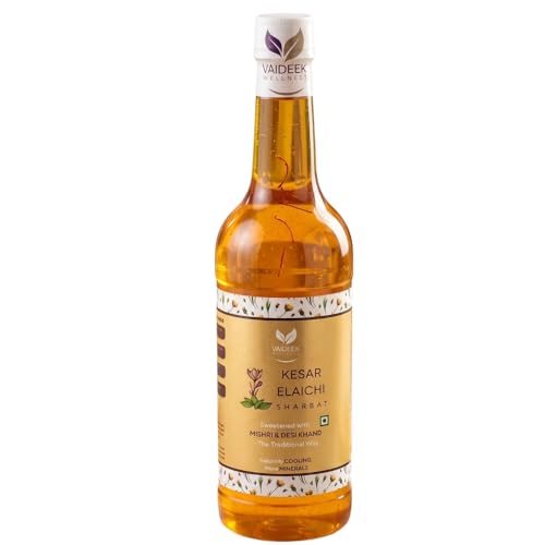 Image of Vaideek Kesar Elaichi Sharbat 750ml | Saffron & Cardamom Syrup Drink with Mishri & Desi Khand | No Refined Sugar Summer Beverage | Citrus Sharbat for Mocktails, Coolers & Refreshing Drinks