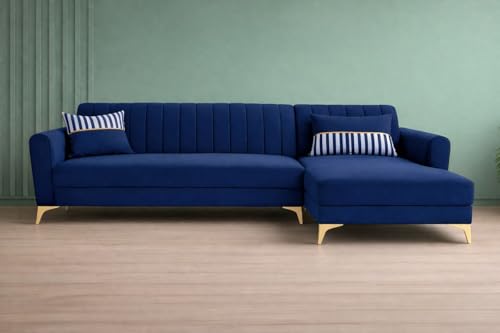 Image of Adorn India Premium Luster 8 Seater L Shape Sofa Set with 2 Puffy & 1 Center Table | Velvet Suede Fabric | 3-Year Warranty | RHS | Blue with Golden Legs & Striped Pattern Cushion