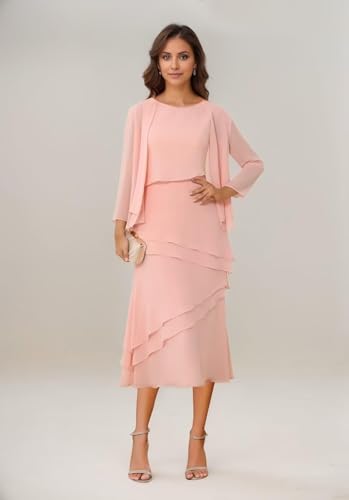 Chiffon Mother of The Bride Dresses 2 Pieces Tiered Tea Length Formal Evening Dress with Jacket JH0122