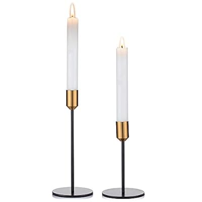 Nuptio Candlestick Holders Taper Candle Holders, 2 Pcs Candle Stick Holders Set, Gold & Black Brass Candlestick Holders Set Table Decorative Modern Candle Holders for Tapered Candles (S + L)