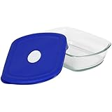 Pyrex Storage Deluxe 5-Cup Rectangular Dish, Clear with Blue Lid