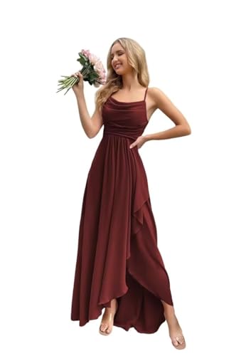 RYANTH Chiffon Long Bridesmaid Dresses for Women Spaghetti Strap A-line Prom Dress with Slit Ruffle Formal Gowns with Pockets