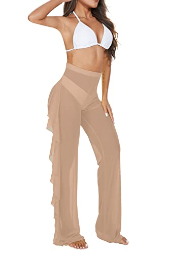 Image of Jumppmile Women's Ruffle Sheer Mesh Swimwear Bikini Cover Up Pants See Through
