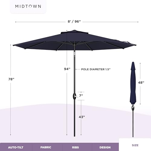 Image of Midtown Umbrellas - 10-Year-No-Fade 8 Ft Patio Umbrella with Terylast Fabric, Auto-Tilt Aluminum Frame and 8 Reinforced Ribs for Deck, Pool, Garden & Beach - Navy Blue Canopy, Black Pole