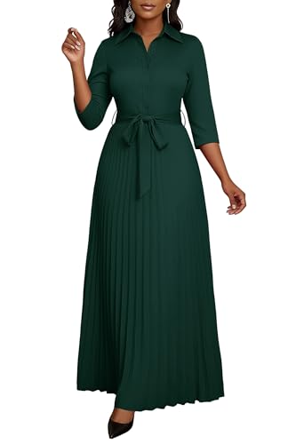 Image of Runwind Maxi Dresses for Women, 3 /4 Sleeve Botton Down Pleated Long Dress with Belt Casual Church Dress with Pockets