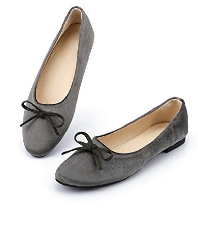 Slocyclub Bowknot Ballet Flats Womens Round Toe Flat Shoes Suede Dress Shoes Wear to Work Slip On Moccasins（7, Large Gray
