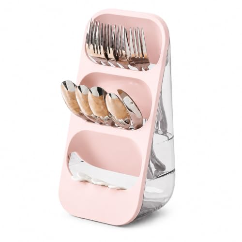 Image of Kitchen Utensil Holder with Drain Tray & Dustproof Cover | 3 Compartment Cutlery Organizer | Self Draining Countertop Storage Rack for Spoons Forks Chopsticks Kitchen Accessories (Pink)