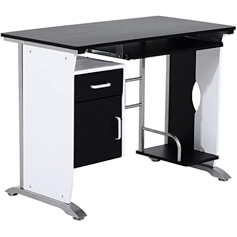HOMCOM Computertisch Winkelschreibtisch mit Schubladen Schreibtisch Bürotisch Anti-Rutsch Metall MDF Weiß+Schwarz+Silber 100 x 52 x 75 cm Cover
