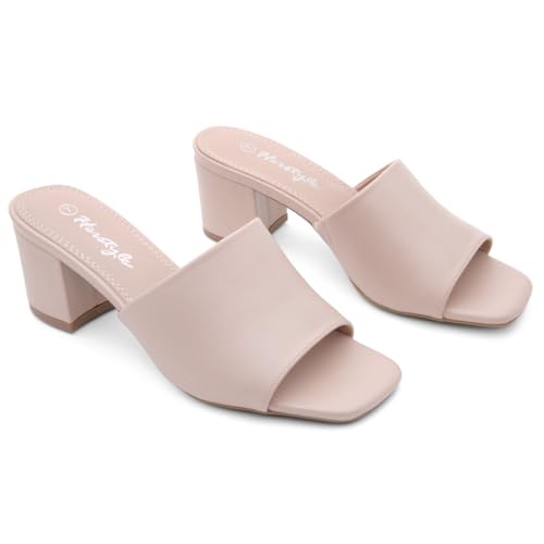 Image of Herstyle Square Open Toe Heeled Sandals for Women 2.5 Inch Low Block Chunky Heel Sandals Slip-On Mules Comfortable Dress Shoes for Party Wedding Office