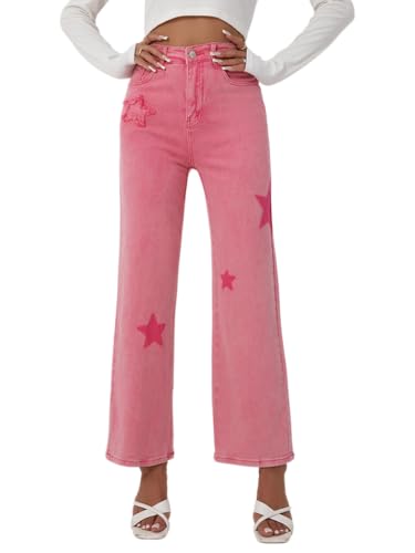 Women's High Waisted Pink Denim Jeans with Star Embellishments Flared Leg Casual Fashion