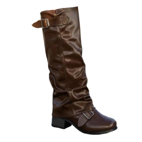 LokoLucx Women's Fashionable Solid Color Knee High Belted Design Boot, Casual Round Toe Pu Material Trouser Leg Boot for Daily Wear, Female All-match Trendy Shoes, Gift for Her, Foot Wear (Brown,5)