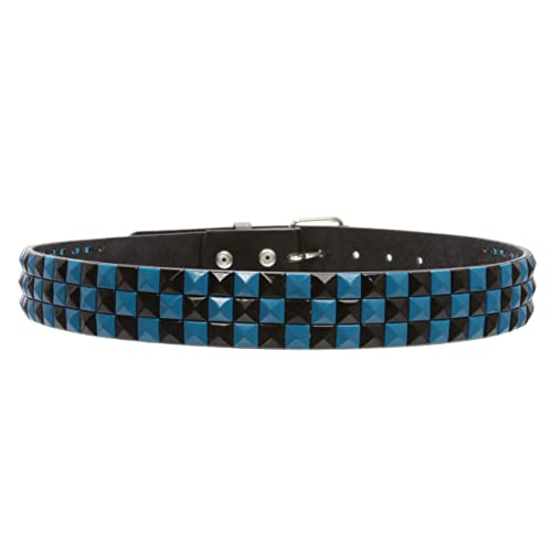 Snap On Punk Rock Black & Azure Blue Star Studded Checker Board Leather Belt3
