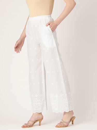 Image of feranoid White Chicken Embroidred Cotton Regular Fit Palazzo