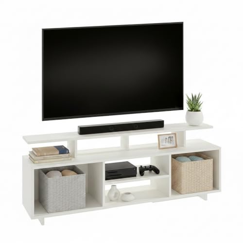 Image of FURNEASER Eskido Engineered Wood TV Entertainment Unit, Floor Standing TV Cabinet with Storage Shelves for Living Room, TV Stand for 32,43,50 & 55 Inch TV (Exotic Teak & White) (White New)