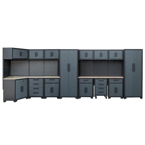 Tsnritor Garage Cabinets and Storage System, 17PCS Garage Storage Cabinet System Corner Workshop Set with Corner Cabinet, Cabinet Drawers, Workbench, Pegboard for Tool Organization, Black Grey