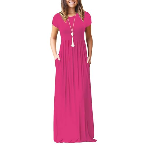 Image of AUOMITH Women's 2026 Summer Short Sleeve Empire High Waist Long Maxi Dress with Pockets