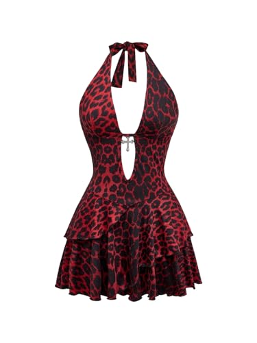 SOLY HUX Women's Leopard Print Halter Dress Y2k Gothic Deep V Neck Layered Ruffle Mini Dresses Burgundy Leopard Medium