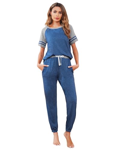 Image of Ekouaer Lounge Sets for Women Two Piece Pajama Set Short Sleeve Crewneck Jogger Outfits and Sweatpants Tracksuit