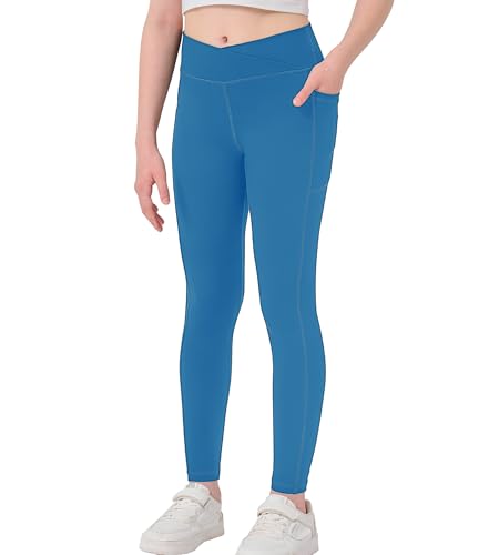 MEJING Meninas Leggings Azul Índigo Tamanho 14-16, Calças De Yoga Crossover Com Bolsos, Calças Ativa