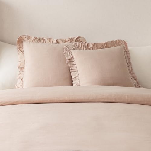 Image of Foindtower Set of 2 Decorative Linen Fringe Ruffle Throw Pillow Covers Soft Boho Farmhouse Cushion Cover Cozy Accent Retro Pillowcase for Couch Sofa Bed Living Room Home Decor,18x18 Inch,Light Pink