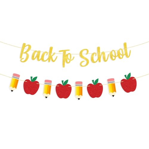 YQUQWN Back to School Banner Glitter Apple Garland Decorations, Welcome Back to School Banner Sign, NO DIY Pencil Party Supplies for Classroom, First Day Party, Teacher Office, Home Decor