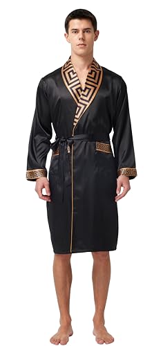 Image of TONY AND CANDICE Men's Satin Robe Lightweight Long Sleeve Silk Kimono Bathrobe with Shorts Set Sleepwear