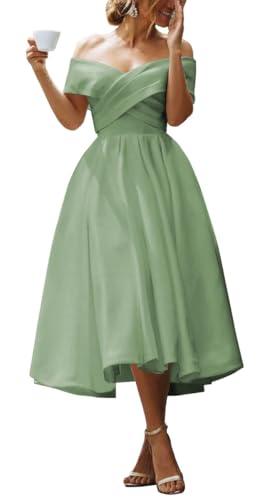 Robe de bal en satin avec poches coupe mi-longue et épaule dénudée pour femme