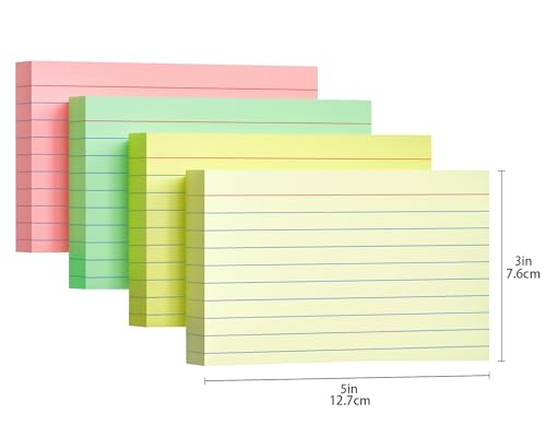 200 PCS Colored Index Cards 3x5, Ruled Index Cards, Flash Cards for Studying, Heavy Note Cards for Office, Home and School,Light Red/Green/Yellow/Beige 4 Colors, 50 PCS of Each Color