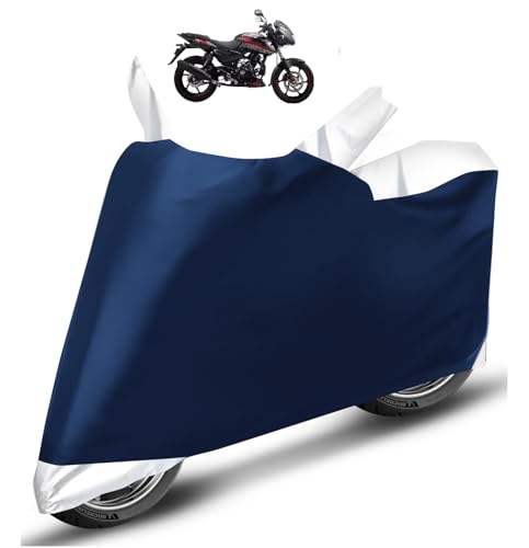 Image of Auto Hub Bike Cover Compatible with Bajaj Pulsar 150 with Mirror Pocket, Dustproof, Heat Resistant, Triple Stitched, Pulsar 150 Bike Cover- Navy, Silver