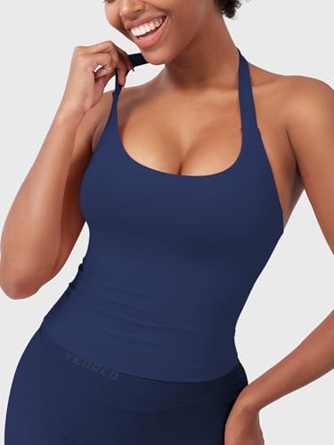 Image of YEOREO SoftHue Women's Impact Halter Tank Top Longline Backless Scoop Neck Built-in Bra Sports Workout Gym Crop Top