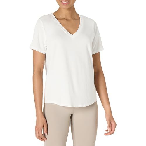 Amazon Essentials Damen Active Soft Cotton Leichtes Yoga-Workout-T-Shirt mit V-Ausschnitt und Kurzen Ärmeln, Relaxed Fit, Weiß, S