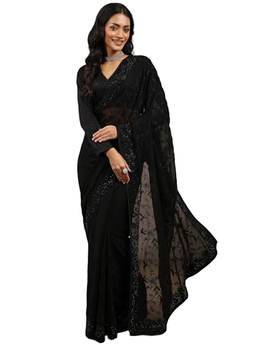 Image of Libas Embroidered Georgette Saree for Women With Unstitched Blouse Piece | Traditional Saree for Party & Wedding