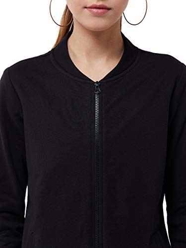 Image of Miss Chase Women's Black V-Neck Full Sleeves Cotton Solid Relaxed Bomber Jacket with Pockets