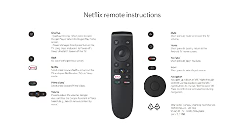 Image of Remote for OnePlus Y Series HD Ready LED Smart Android TV, 32 inches (32Y1) 43 inches (43Y1) 1+ Android TV Remote with Netflix YouTube Prime Video | Pairing Needed (OnePlus V-1 Voice)