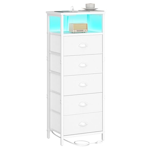 sthmec Nightstand with Charging Station LED White Nightstands with 5 Fabric Drawers PU Finish Bedside End Tables 2-Tier Open Storage Shelf Side Table Nightstand with Drawers for Bedroom White