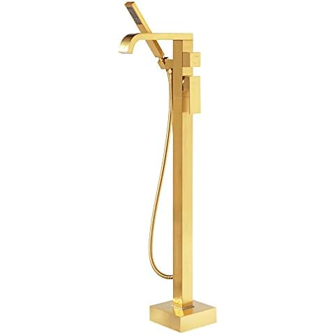 LLGG Brushed Gold Freestanding Tub fillers Bathtub faucets Floor Mounted Mount Faucet Filler For Bathtubs Tubs High Flow 11.9GPM Bathroom With Handheld Shower Cover