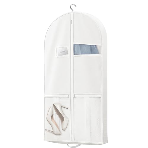 Image of 43 inch Travel Garment Bag with Accessories Zipper Pocket, Heavy Duty Suit Bag for Suits, Tuxedos, Dresses, Coats, White, 1 pack