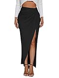 Rooscier Women's Split Side Ruched High Waist Asymmetrical Long Maxi Skirt Black Medium