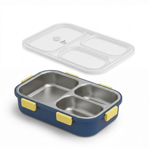 Image of La' Forte Spring Bento Lunch Box | 900 ml | 3-Compartment | 304 Stainless Steel Inner | Leak-Resistant Lid | Microwave-Friendly | School & Office Tiffin | Pink /Blue (Blue)