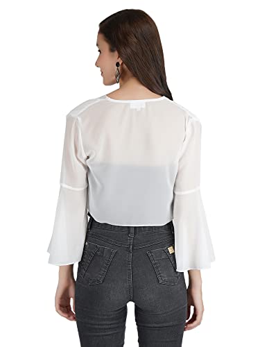 Image of AOL Women's Cropped Layered Lightweight Sheer Three-Fourth Bell Sleeves Georgette Open Neck Shrug Bolero