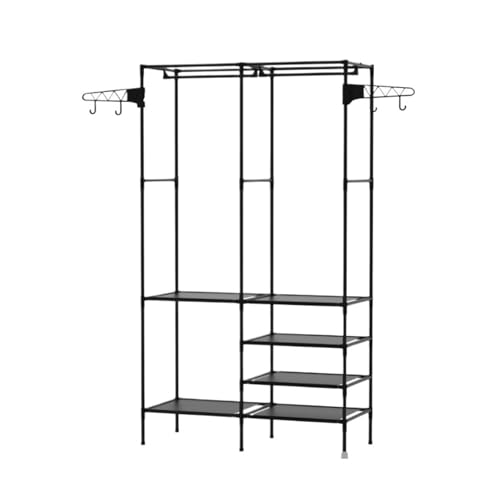 Armario portátil de pie para colgar ropa, organizador de almacenamiento simple, estantes ajustables, elegante diseño negro, ideal para uso doméstico y dormitorio