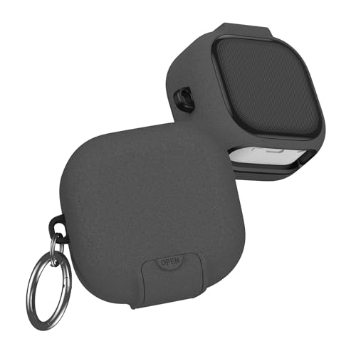 Image of Full Body Armor Case Cover for Samsung Galaxy Buds 4 and 4 Pro with Metal Keyring, Built-in Phone Stand, Locking-Switch Cover (Dark Grey, Full Body Armor)